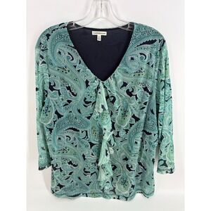 Croft & Barrow Womens 2X Paisley Print‎ Ruffle V Neck Long Sleeve Blouse Top